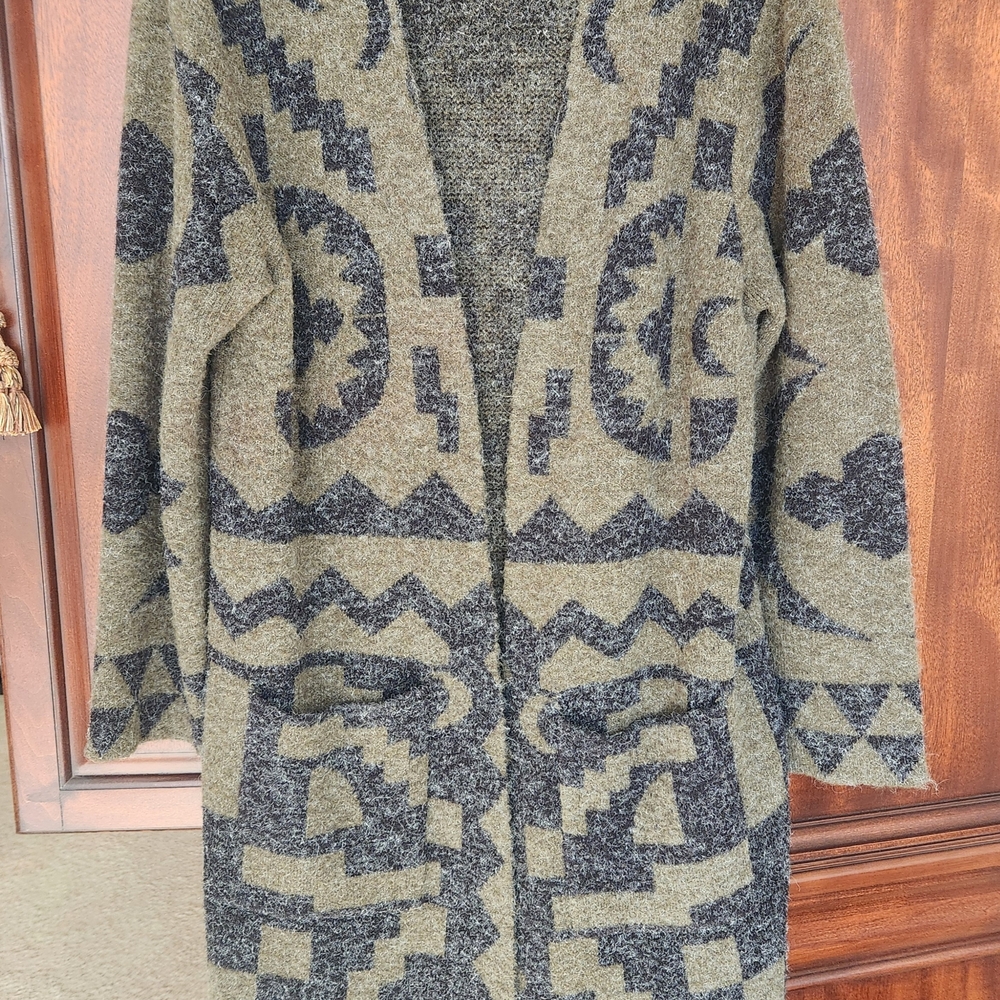 Patterned Olive Green and Black Women's Cardigan Sweater Coat